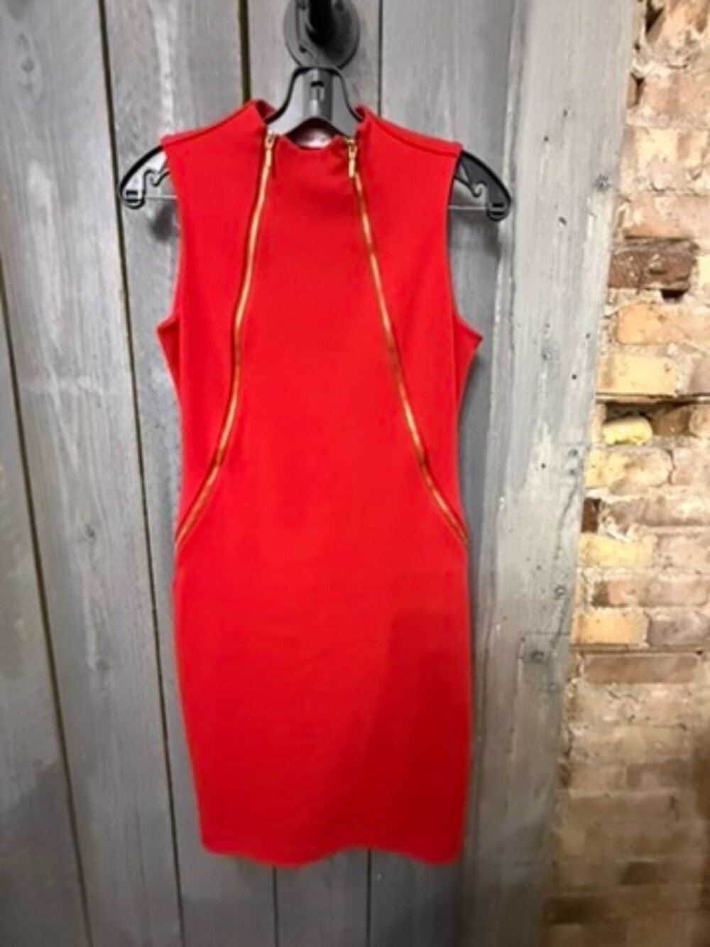 Calvin Klein Red Sleeveless Sheath Dress with Double Gold Zippers